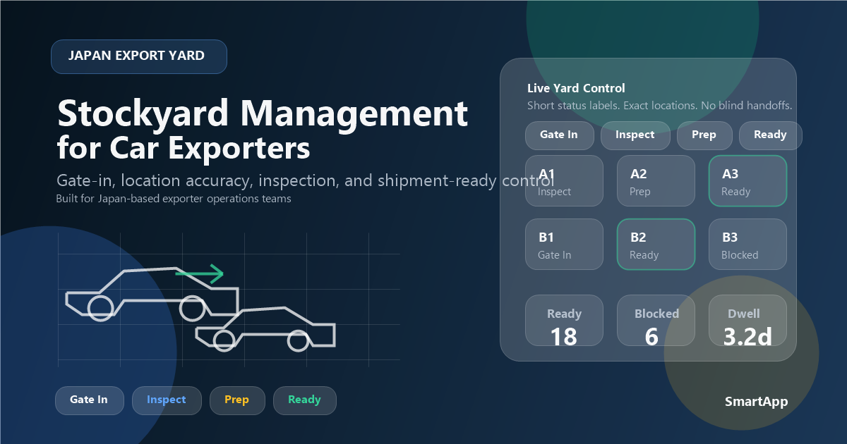 Stockyard management dashboard for car exporters showing gate-in, inspection, prep, and shipment-ready status